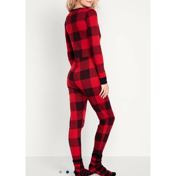 NEW Old Navy sz M Womens Plaid Flannel Thermal Knit One Piece Button Pajama Cozy - Picture 1 of 5